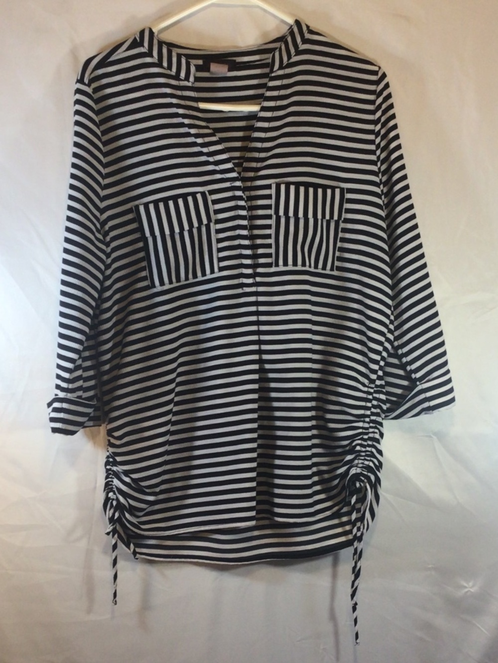 Cocomo Black White Stripe Blouse Tunic Top L Coastal Grandma Minimalist Travel